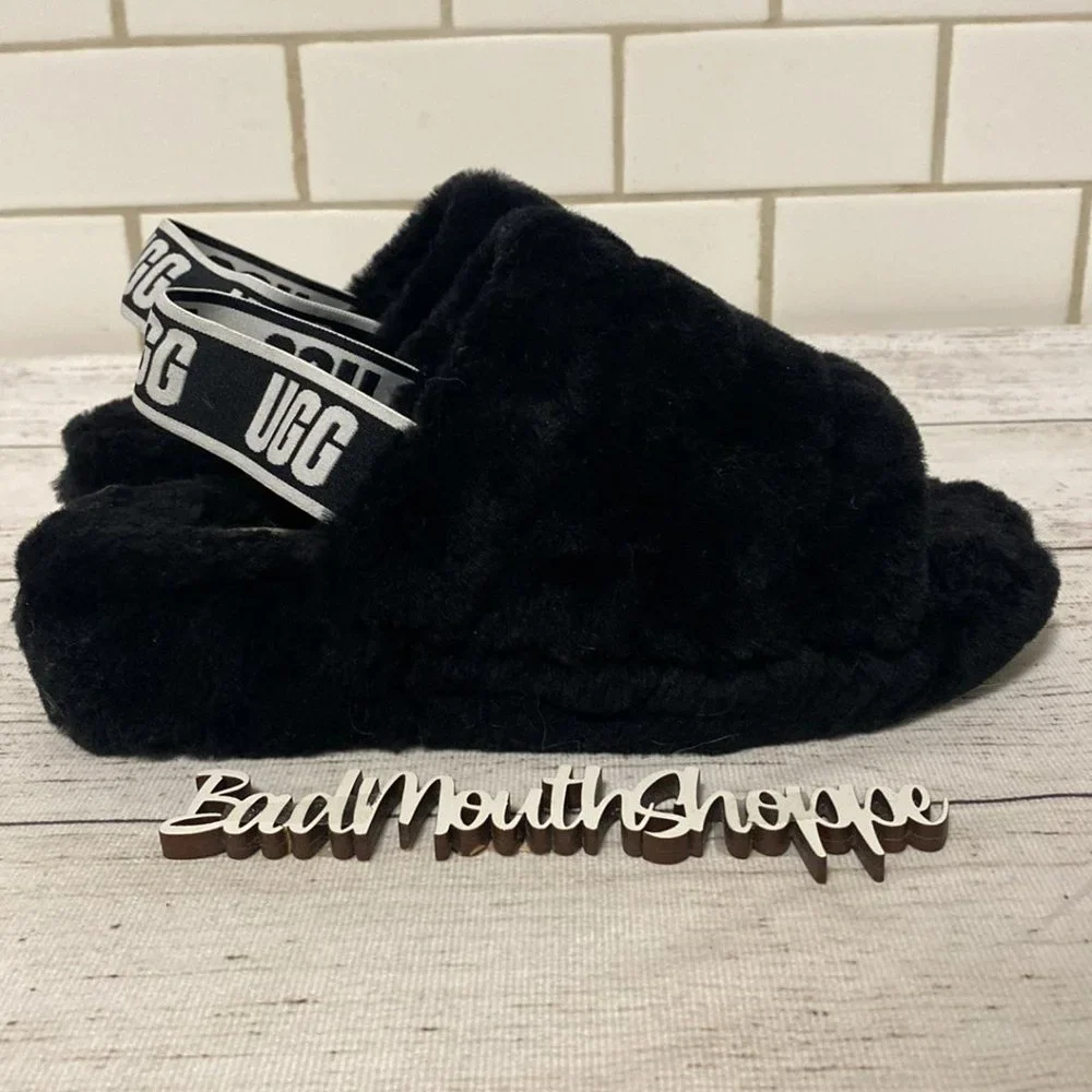 *Ugg Fluff Yeah Slide Black White Women's Size 7 - Picture 3 of 9